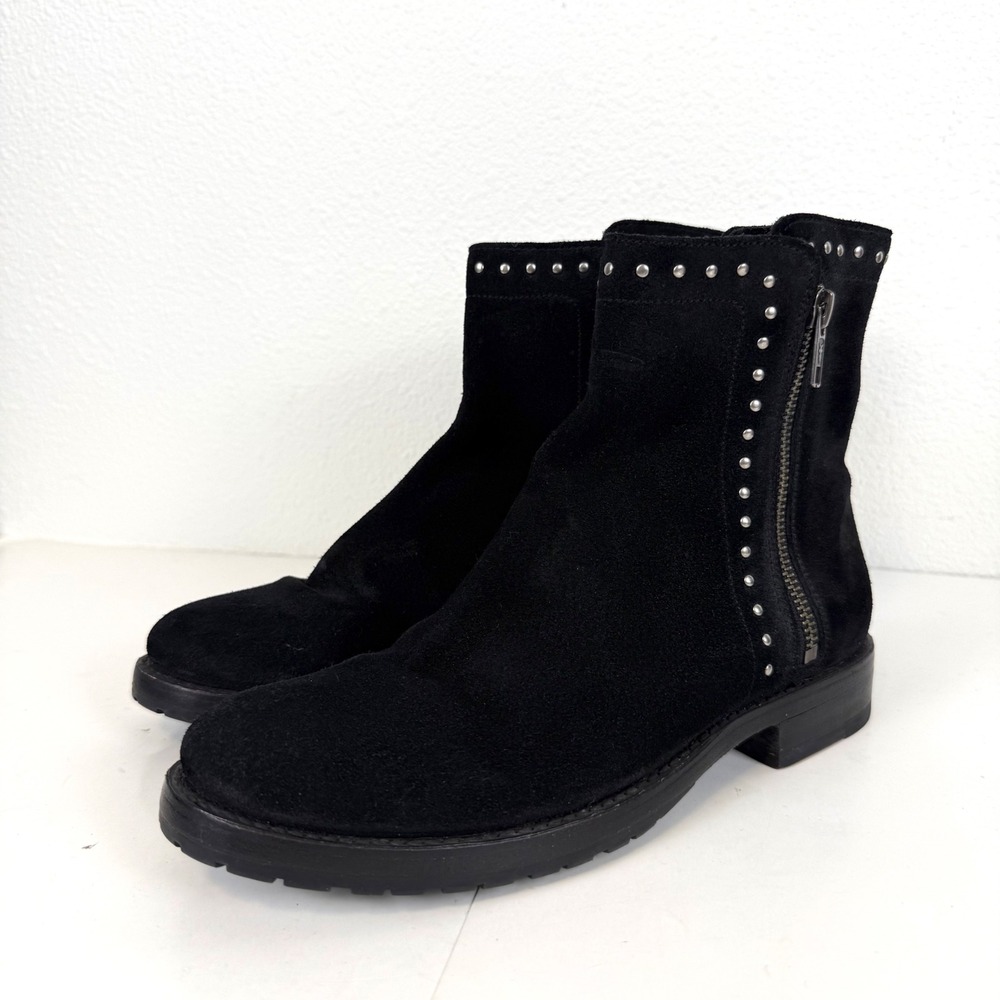 Frye Natalie Black Suede Studded Zip Ankle Boots Lug Sole Size 8